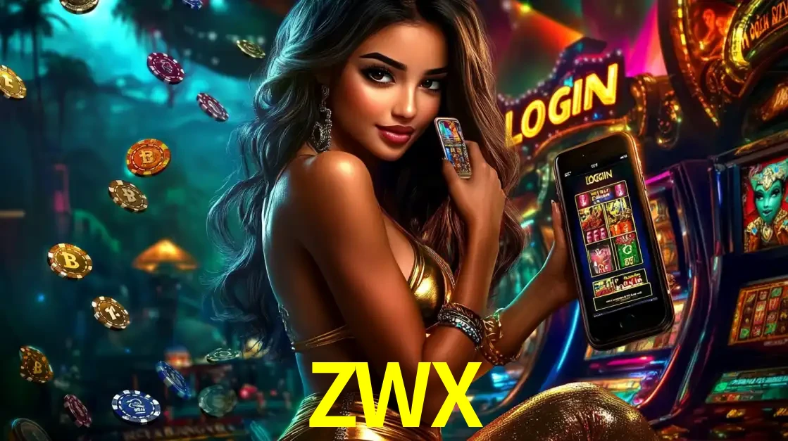 Mulher em um cenário de cassino temático de aventura, mostrando o app de caça-níqueis da ZWX no celular. Fichas de apostas flutuam ao redor.