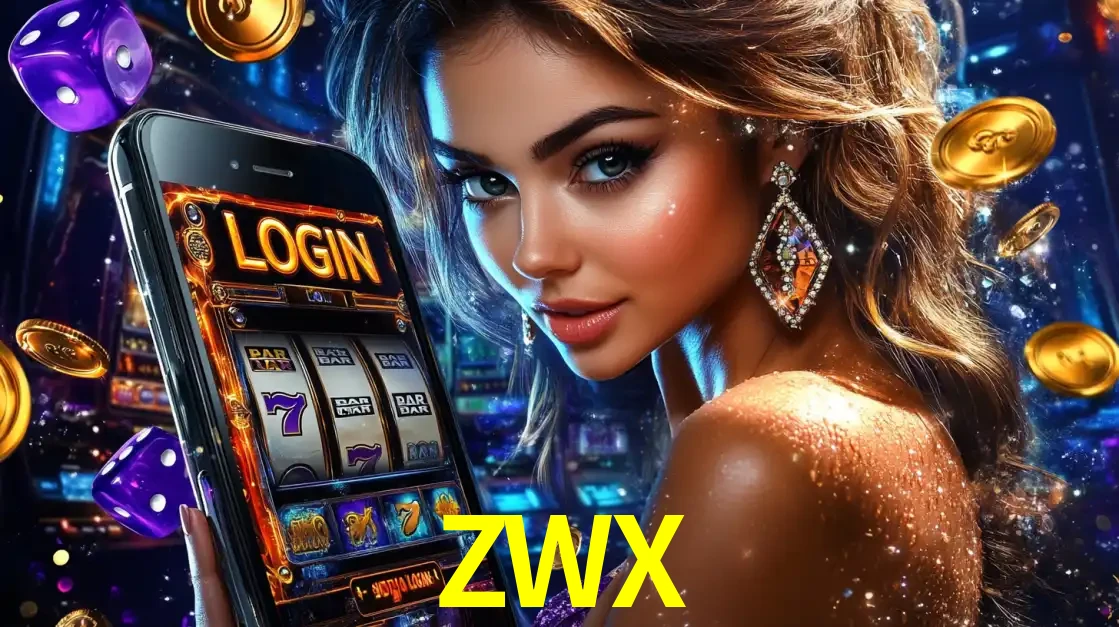 Mulher glamorosa segurando um smartphone com a tela de login para os jogos de caça-níqueis do cassino online ZWX, com moedas de ouro e dados ao redor.