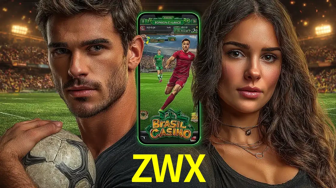 Homem segurando uma bola de futebol e uma mulher ao lado de um smartphone exibindo o jogo de apostas esportivas da ZWX. Faça seu palpite no cassino online.